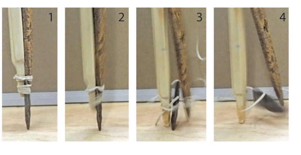 A high-speed photo sequence during a test after an 11.34 kg weight was dropped from 35 cm shows various moments as the stone point recedes into and splinters the pike shaft. 