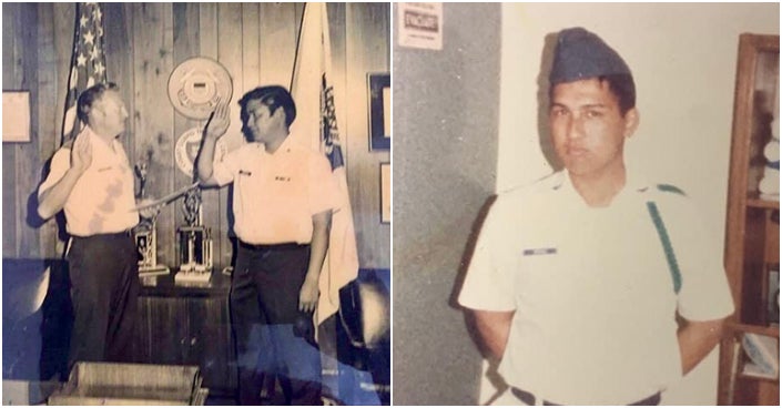 A collage of photos; on the left, someone getting sworn in by someone else in an office; on the right, a man in a white uniform