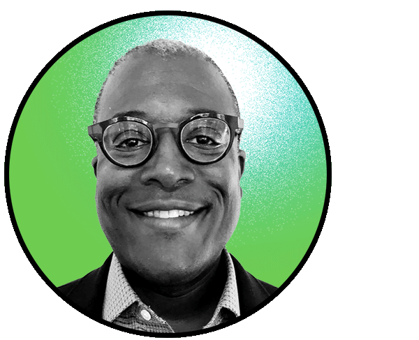 Jason Sello smiles at the camera wearing glasses. The image frame is circular and cropped closely around Brian's face, which is in black and white, against a green background.