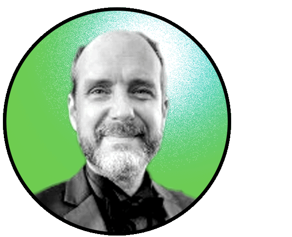 Matthew McCarroll smiles at the camera . The image frame is circular and cropped closely around Brian's face, which is in black and white, against a green background.