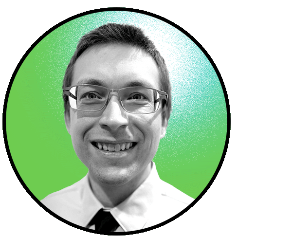 Michael Bokoch smiles at the camera wearing glasses. The image frame is circular and cropped closely around Brian's face, which is in black and white, against a green background.