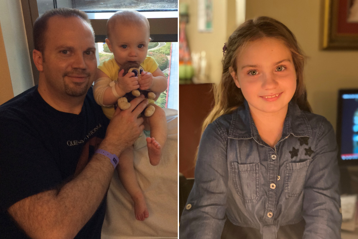 A dad holds a 9-month old baby, next to a photo of a teenaged girl smiling at the camera