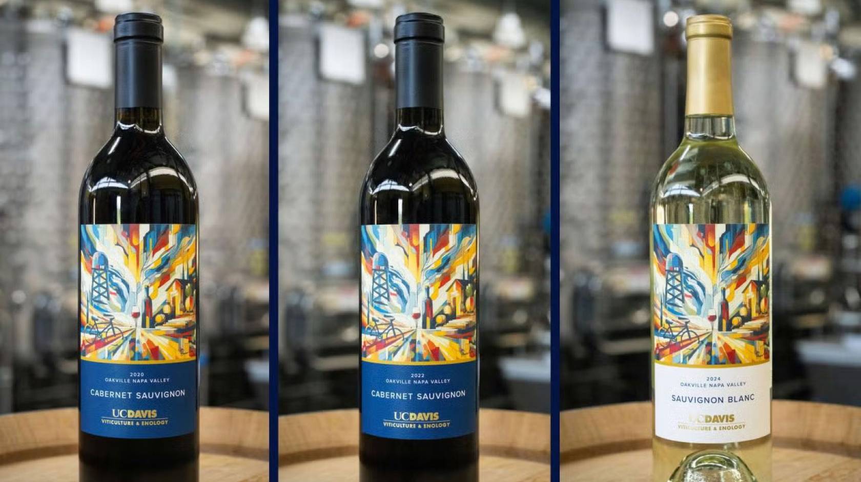 Three wine bottles, two red, one white