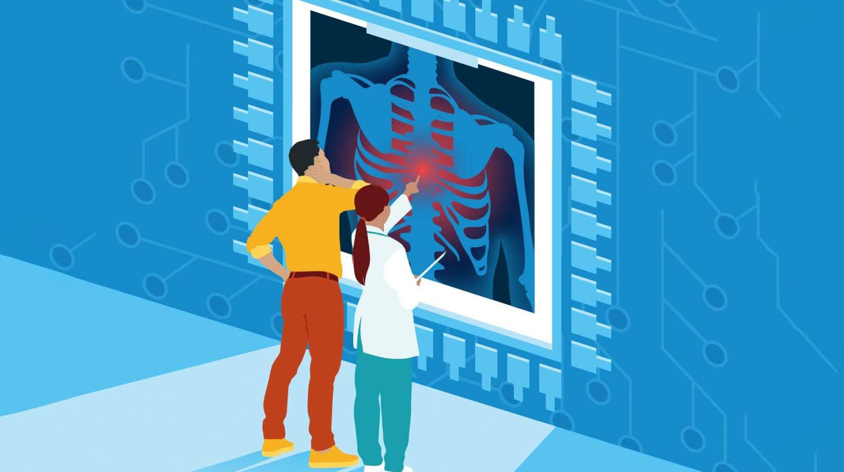 In an illustration, two people study an oversized lung X-ray, one of the people (in scrubs) pointing at it