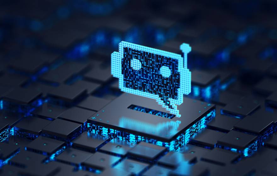 A circuitboard with a blue chat robot icon wearing a headset hovering over it