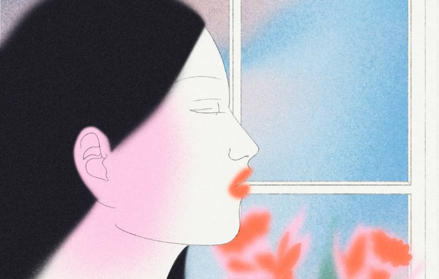 Illustration of a woman with black hair in profile in front of a window, breathing