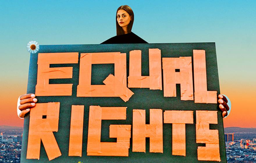 Collage of a woman holding a sign that says Equal Rights with other signs and fists held up below her