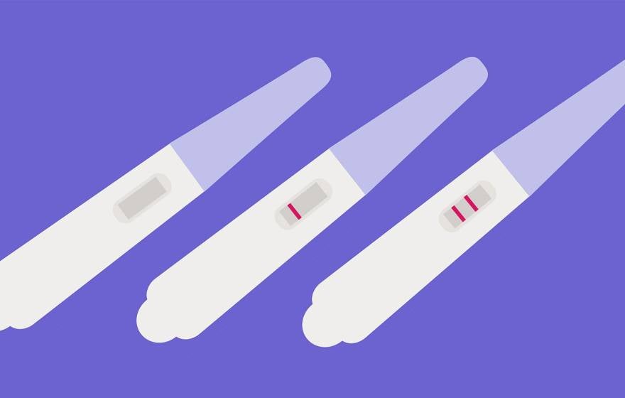 Illustration of three pregnancy tests on a lilac background